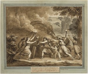 Cupid råder Calypso til å sette fyr på mentors skip, fra The Adventures of Telemachus, bok 7 av Bartolomeo Pinelli