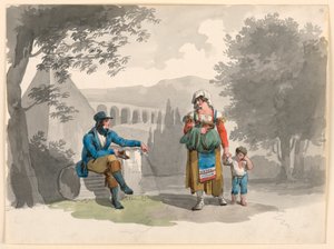 Tegning, en kvinne som holder en gutt med hånden og passerer en herremann sittende blant ruiner i Campagna, 1807 av Bartolomeo Pinelli