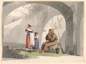 Tegning, To jenter fra Frascati besøker en eremitt, 1807 av Bartolomeo Pinelli