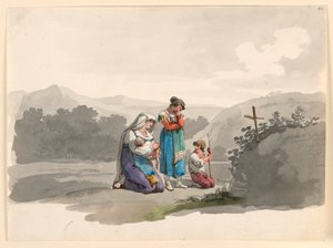 Tegning, kvinne med baby som ber foran korset som markerer stedet der mannen hennes ble drept, 1807–08 av Bartolomeo Pinelli
