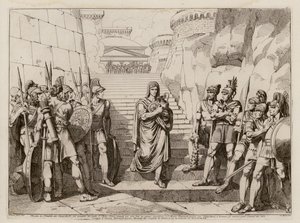 Gaius Fabius Dorsuo passerer gallerne uforstyrret på vei for å ofre, 390 f.Kr. (etsning)