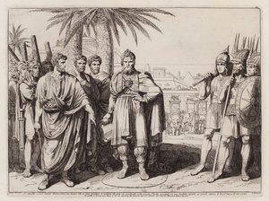 Gaius Popillius Laenas tegner en sirkel i sanden rundt Antiochus IV Epifanes (etsning)