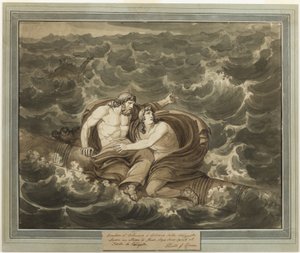 Mentor og Telemachus, etter å ha overlevd stormen, er ivrige til øya Calypso på en mast, fra The Adventures of Telemachus, bok 6 av Bartolomeo Pinelli