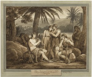 Telemachus spiller og synger for hyrdene i Egypt, fra The Adventures of Telemachus, bok 2 av Bartolomeo Pinelli
