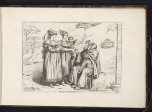 To kvinner fra Frascati og en eremitt Donne di Frascati, red. Eremita (tittel på objekt) Kostymetrykk med figurer fra Roma og omegn (serietittel) Nuova raccolta di cinquanta costumi de contorni di Roma (serietittel) av Bartolomeo Pinelli
