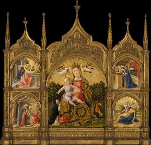 Ydmykhetens madonna, bebudelsen, fødselen og Pietà, ca. 1465 (tempera og gull på tre)