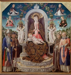 Jomfru og barn på tronen omgitt av Saint Augustine, Saint Roch, Saint Louis av Toulouse (Anjou), Saint Nicholas of Myre og i himmelen Saint Catherine, Saint Dominica, Saint Peter the Martyr (Verona) og Saint Mary Madeleine (Jomfru med barn vidd