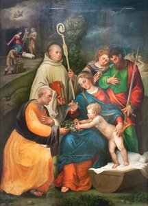 Den hellige familie med de hellige Benedikt, Paulus og Magdalena av Bartolomeo called Bagnacavallo Ramenghi