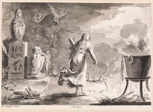Medea. En kvinne med ryggen vendt, blant krypdyr, halvguder, en heksegryte og egyptiske guder, skriver trolldomsruner om natten i en sirkel på bakken. av Bartolomeo d