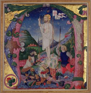 Historikert initial A som viser Kristi oppstandelse, Lombardia-skolen av Bartolomeo de Rigossi da Gallarate attr. to Bartolomeo de Rigossi da Gallarate attr. to