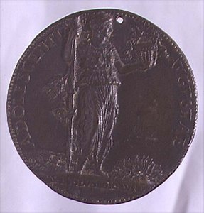 Portrettmedalje som viser en kvinneskikkelse som holder en stav (bronse) (for bakside se 96845) av Bartolommeo Melioli