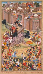 Beleiringen av Arbela i Hulagu Khans tid, side fra en Chingiz-nama (Chingiz Khans bok) av Jami al-tavarikh (Compendium of Chronicles) av Rashid al-Din (persisk, 1247–1318) av Basavana