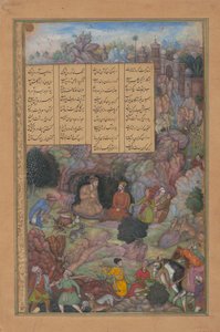 Alexander besøker vismannen Platon i sin fjellhule, Folio from a Khamsa..., 1597-98.