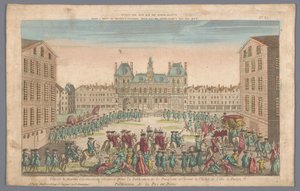 Utsikt over rådhuset i Paris med en prosesjon for å forkynne fred Publicacion de la paz en Paris (tittel på objekt)