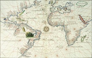 Et dobbeltsidet kart over Atlanterhavet, som viser østkysten av Nord- og Sør-Amerika, 1544