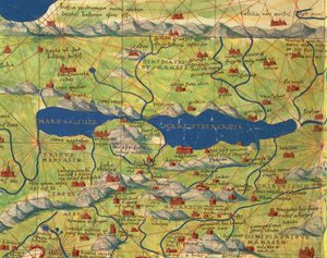 Det hellige land, Israel og Palestina: Genesaretsjøen og byen Tiberias, fra Atlas of the World i trettitre kart, av Battista Agnese