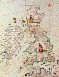 Kongedømmene England og Skottland, fra et verdensatlas i 33 kart, Venezia, 1. september 1553 (blekk på vellum) (detalj fra 330949)