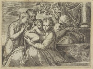 Hellig familie med hellige av Battista Angolo del Moro (attributed to)