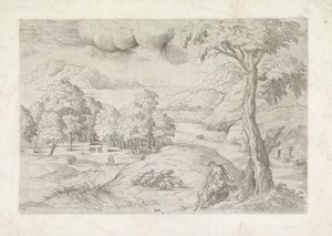 Panoramalandskap med ruiner, en by og reisende Landschap møtte gjeter