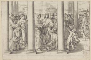Sankt Peter og Johannes helbreder en lammet i et tempel av Battista Franco