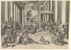 Konstantin presenterer byen Roma for Den hellige stol, til høyre, mange tilskuere ..., ca. 1530-61.