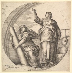 Fortitude and Justice, en allegorisk komposisjon i rundt format, med Fortitude g..., ca. 1530-61.