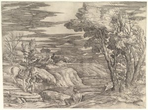 Landskap med en rytter og hans brudgom, ca. 1552-61. av Battista Franco Veneziano