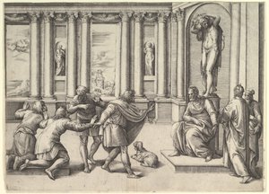 Mann som sitter under en statue av Bacchus, mottar et publikum, ca. 1530-61.