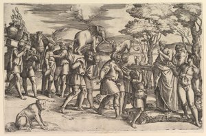 Melkisedek tilbyr brød og vin til Abraham, ca. 1547. av Battista Franco Veneziano