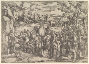 Moses trekker vann fra klippen, til venstre med vann som strømmer, forskjellige figurer og ..., ca. 1552-61.