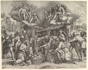 Hyrdenes tilbedelse med engler over hodet, ca. 1530-61. av Battista Franco Veneziano