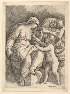 Den hellige familie. av Battista Franco Veneziano