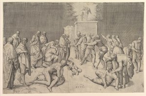 Filisterne plasserer paktens ark i Dagons tempel, ca. 1540.