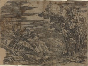 Landskap med en mann som leder en hest av Battista Franco, after Titian