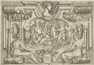 En mann og kvinne som tilbyr et fat med mynter til en konge som sitter på en trone, satt med..., ca. 1540-80.
