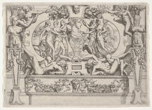 Byste av en kvinne flankert av tre kvinner på hver side, satt innenfor en forseggjort ramme, ca. 1540-80. av Battista del Moro