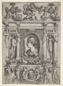 Byste av en kvinne i profil vendt mot venstre, satt i en forseggjort ramme med figurer i n..., ca. 1540-80.