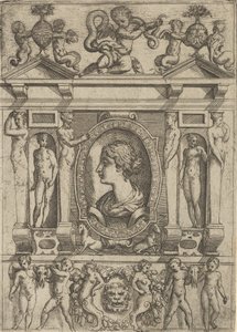 Byste av en kvinne i profil vendt mot venstre, satt i en forseggjort ramme med figurer i n..., ca. 1540-80.
