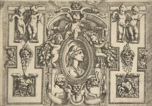 Byste av en kvinne i profil mot høyre, satt innenfor en forseggjort ramme med putti, ..., ca. 1540-80.