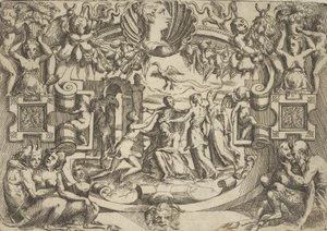 Fire kvinner rundt en sittende figur, en fugl over dem, satt i en forseggjort ..., ca. 1540-80.