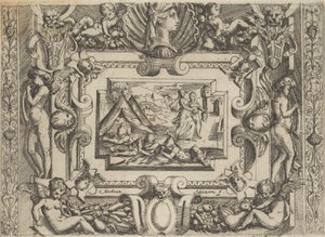 Judith og tjenestepike med hodet til Holofernes, satt innenfor en forseggjort ramme, ca..., ca 1540-80.