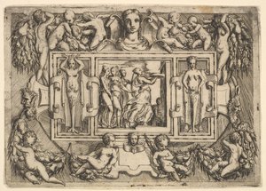 Den kumeiske sibyllen går til høyre og bærer et brett, etterfulgt av tre kvinner..., ca. 1540-80.