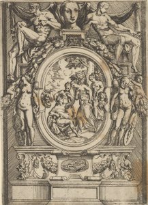 The Judgment of Paris, mann som sitter til venstre strekker seg ut til en kvinne som er flankert av ..., ca. 1540-80. av Battista del Moro
