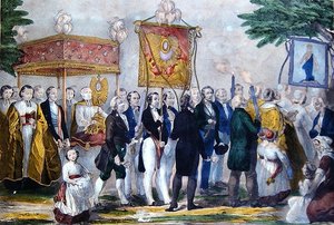Prosesjon av Confrerie du Tres Saint Sacrament. tidlig på 1800-tallet (farge litho) av Bautz Bautz