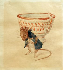 Mr. Mouse bukker seg foran en tekopp av Beatrix Potter