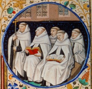 Scene av klosterlivet. Detalj som representerer munker av Carmen-ordenen. Miniatyr hentet fra "" Timebok i henhold til bruken av Paris"" belyst av Mesterens verksted i Bedford. 1450. Paris, B.N. av Bedford Master Workshop