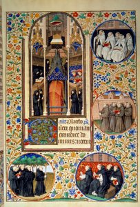 Scene av klosterlivet. I medaljongene, fra topp til bunn, Carmes, fransiskanerne, dominikanerne, augustinerne (til venstre). Miniatyr hentet fra "" Timebok i henhold til bruken av Paris"" belyst av Mesterens verksted i Bedford. 1450. Paris, B.N. av Bedford Master Workshop