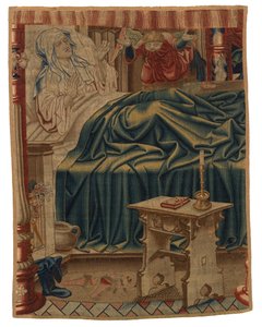 Beatrix Soetkens i sengen, fra den første scenen i den første billedvev av et sett på fire som skildrer 'Legend of Our Lady of Sablon', laget i Brussel, Belgia av Belgian School