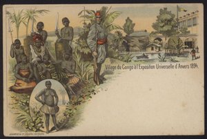 Kongolesisk landsby utstilt på Exposition Internationale d"Anvers, Antwerpen, Belgia, 1894 av Belgian School