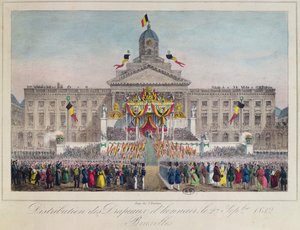 Utdeling av æresflagg i Brussel 27. september 1832, 1832 (fargegravering) av Belgian School